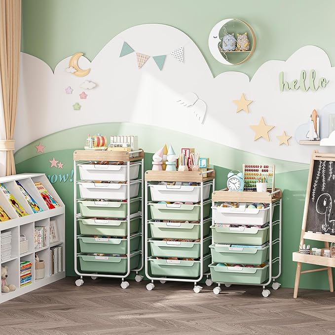 SYKIARIOL Rolling Storage Utility Cart with 5 Drawers,Craft Cart with Wheels,Makeup Organizer,Art Supply and Storage Wooden Tabletop,Green