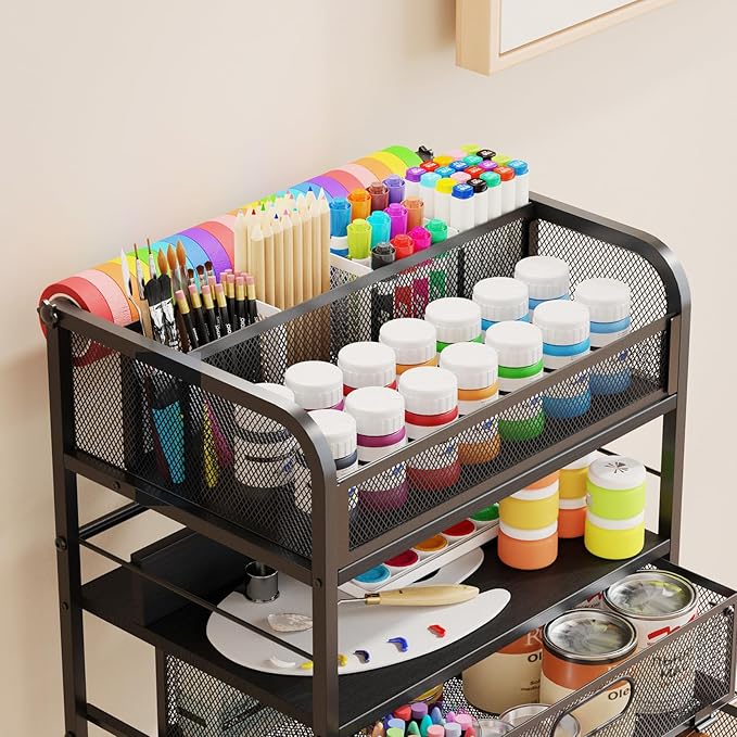 Homsorout Art cart, 5 Tier Rolling Cart - Utility Cart with Storage Drawer and Wheels, Versatile Art & Craft Organizer for Home, Office, or Studio Ideal for Storing Brushes, Paints （Black）