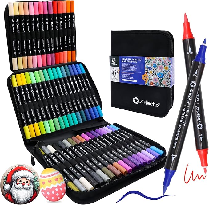 Artecho Acrylic Paint Markers 48 Colors with Bag, Acrylic Paint Pens with Brush Tip and Fine Tip for Stone, Rock Painting, Paper, Pumpkin, Wood, Egg, Canvas, Ceramic, Fabric, leather, Glass