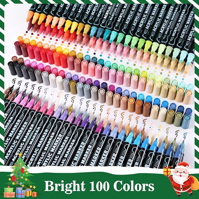 nauets 100 Colors Waterproof Dual Tip Acrylic Paint Markers, Premium Dot & Fine Tip Coloring Paint Pens Set for Paper, Rock, Wood, Fabric, Canvas, Glass, Ceramic and DIY Crafts Art Supplies