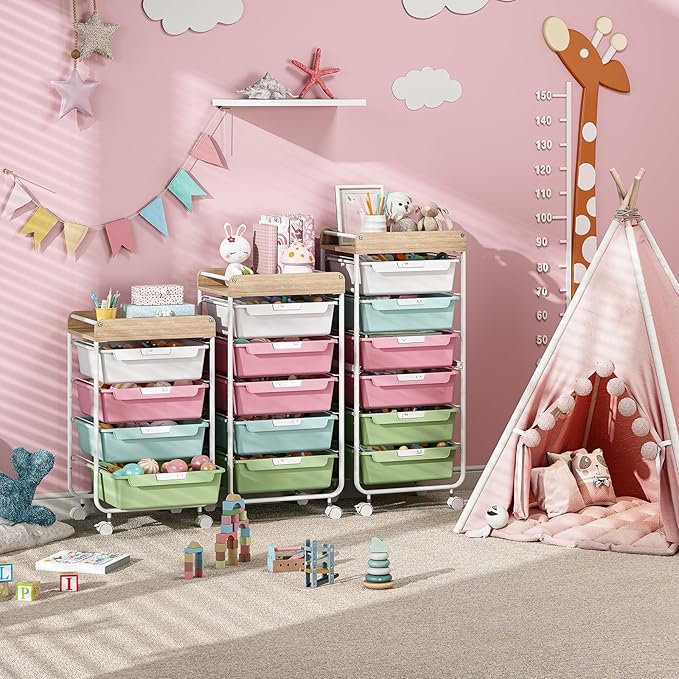 SYKIARIOL Rolling Storage Utility Cart with 5 Drawers,Craft Cart with Wheels,Makeup Organizer,Art Supply and Storage Wooden Tabletop,Colorful