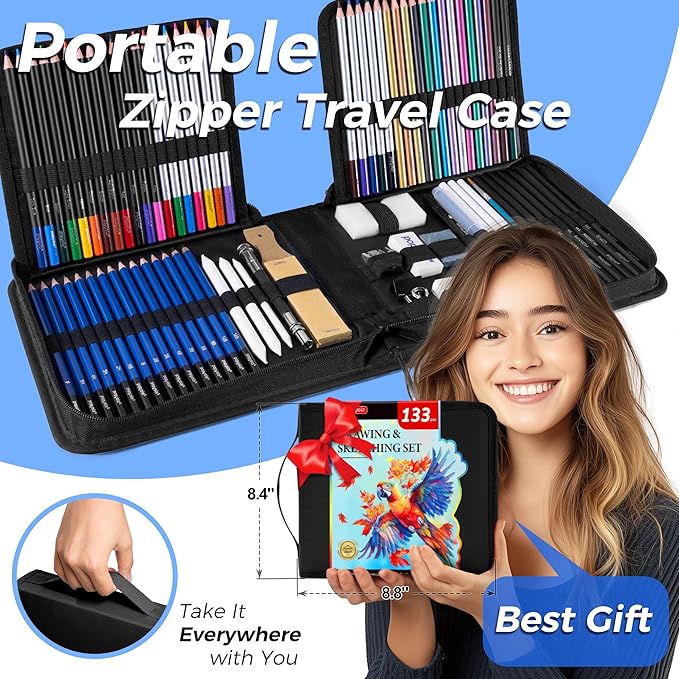 133 Pack Art Supplies Sketching Kit with Sketch Book, Coloring Book, Watercolor Pad, Black Paper Pad, Tutorial, Graphite Colored Charcoal Watercolor & Metallic Pencils for Artists Beginners Adults