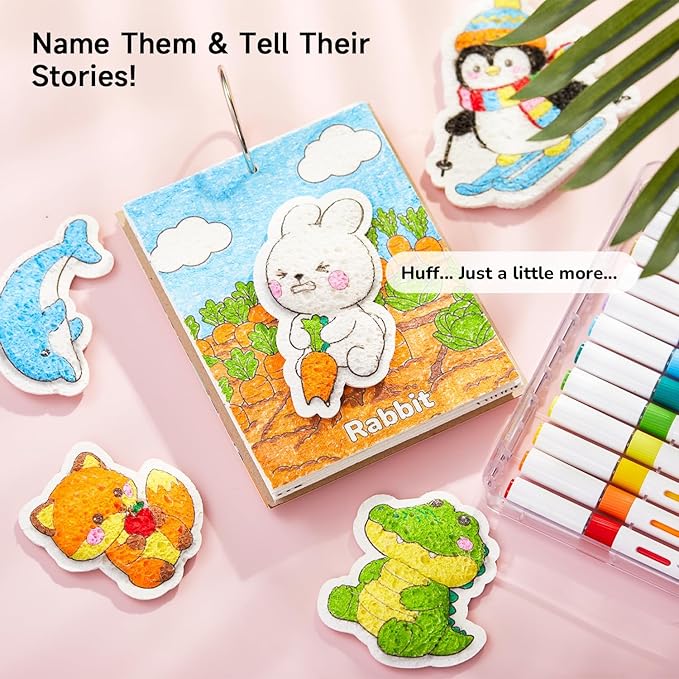 Shuttle Art 63 Pcs Magic Foam Texture Painting Kit – Animal Series: 15 Animal Foam Pieces, Coloring Book with 15 Scenes, 12 Acrylic Paint Markers, Magical 3D Effect DIY Art Craft