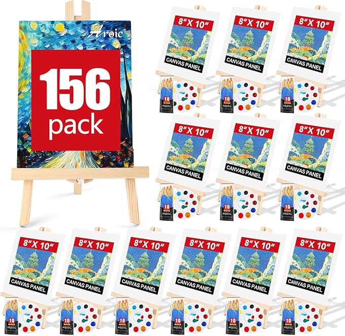 AROIC 156 PCS Professional Painting Set with Easels, 12 Wood Easels,120 Brushes with Nylon Brush Head,12 Drawing Boardart and 12 Palette, Painting Supplies kit for Adults to Painting Party.