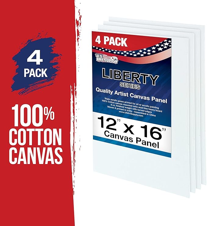 U.S. Art Supply 12 X 16 Inch Art Canvas Board Panels 4 Pack - 8 Ounce Heavyweight Cotton Acid Free Canvases for Painting Acrylics and Watercolor (1 Case of 4 Single Canvas Painting Panels)