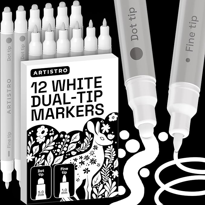 ARTISTRO 12 White Precision Dual-Tip Acrylic Paint Markers – Paint Pens Set with Dot & Fine Tips for Fabric, Rock, Glass, Wood, Coloring Books – Classroom & Art Supplies Gift Teacher Appreciation Gift