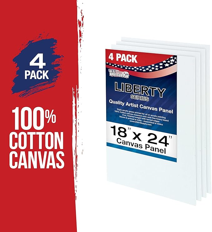 U.S. Art Supply 18 X 24 Inch Art Canvas Board Panels 4 Pack - 8 Ounce Heavyweight Cotton Acid Free Canvases for Painting Acrylics and Watercolor (1 Case of 4 Single Canvas Painting Panels)