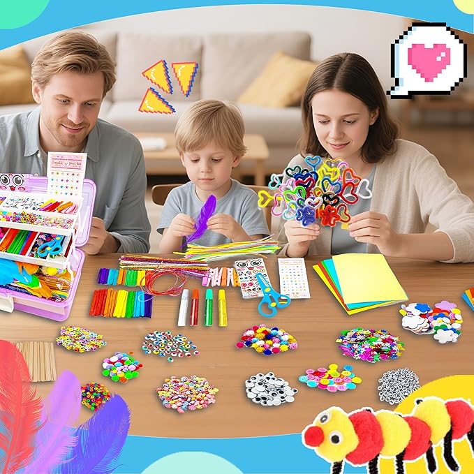 SMILESSKIDDO Arts Craft Supplies for Kids - 1100+ PCS Toddler DIY Craft Art Supply Set, Portable 3 Layered Folding Storage Box School Craft Projects - Gifts for Girls Ages 4-8, 8-12, Purple