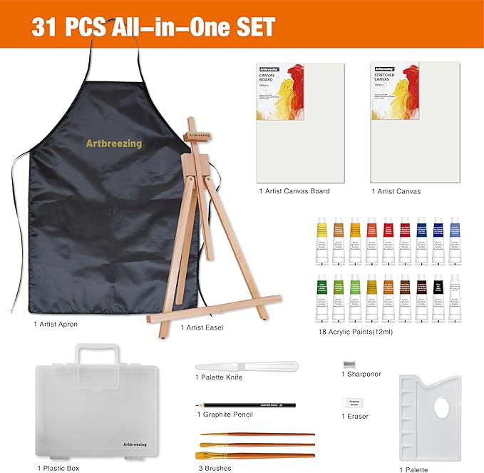 Artbreezing Acrylic Paint Set with Tabletop Easel, Acrylic Paints, Canvases, Brushes, Apron, Storage Box, All-in-One Giftable Art Set for All Skill Levels, Ideal for Adults, Kids,Total 31-piece.