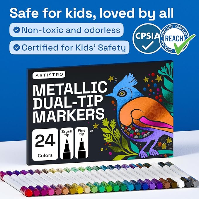ARTISTRO 24 Metallic Precision Dual-Tip Acrylic Paint Markers – Paint Pens Set with Dot & Fine Tips for Fabric, Rock, Glass, Wood, Coloring Books – Classroom & Art Supplies Teacher Appreciation Gift