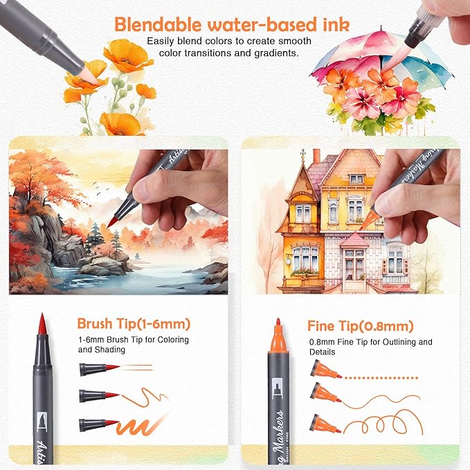 TOSHARE Watercolor Pens Set, 72-Color Dual Tip Professional Watercolor Markers for Adults, Water-Based Art Pens with 1 Aquapen, 3 Colorless Blenders, 2 Black Markers, and 12-Page Pad, Art Supplies