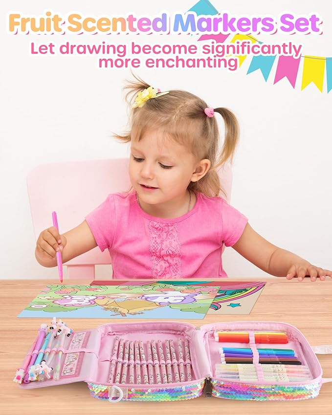 D-FantiX Unicorn Art Supplies Convertible Bag for Girls, 63Pcs Coloring Drawing Set for Kids with Fruit Scented Markers, Portable Travel Activity Kit, Birthday Gift for 4 5 6 7 8-12 Year Old Girls