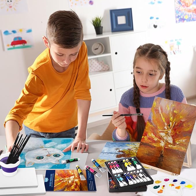 koseibal Acrylic Paint Set for Adults & Kids - 37PCS Art Painting Supplies Kit with 18 Colors Acrylic Paint, 8 Paint Brushes,6 Canvas Panels, Wooden Easel,Palette, Painting Pad