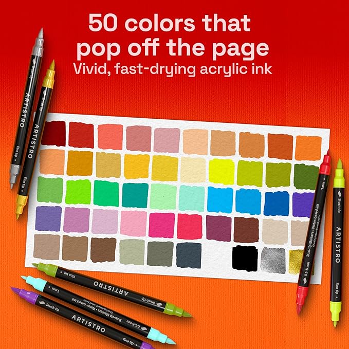 ARTISTRO 50 Dual Tip Acrylic Paint Markers, Paint Pens, Drawing Markers for Textile, Rock, Glass, Wood, Paper, Ceramic, Canvas, DIY - Art Supplies Kit for Kids and Adults (Brush + Fine)