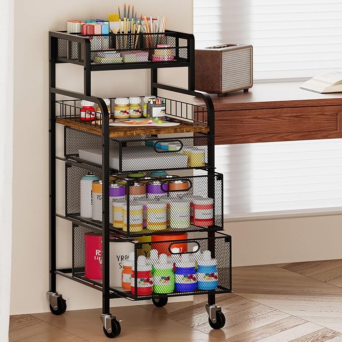 SWTYMIKI Rolling Cart with Drawers - Metal Craft Cart with Wheels, DIY Divider and Wood Shelf, Art Supply Organizer Craft Organizer and Storage, Utility Storage Cart for Home Office Studio, Espresso
