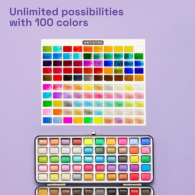ARTISTRO 100 Color Watercolor Paint Set - Portable Paint Art Kit with Palette and Brush Pens - Travel Water Color Set for Adults, Professionals, Kids - Art and Painting Supplies - Gift Idea
