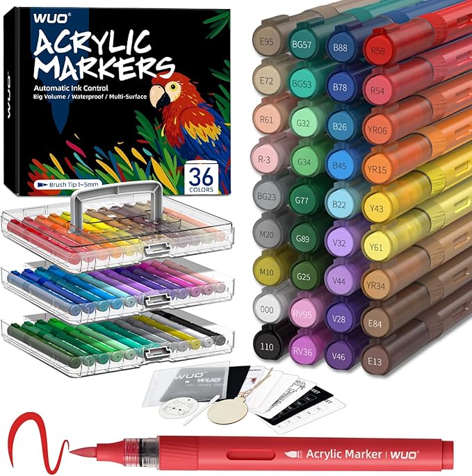WUO 36 Colors Acrylic Paint Markers, Automatic Ink Control Brush Tip Pens, Water-Based No-Bleed Markers for Rock, Canvas, Wood, Glass, Ceramic, and DIY Art Supplies