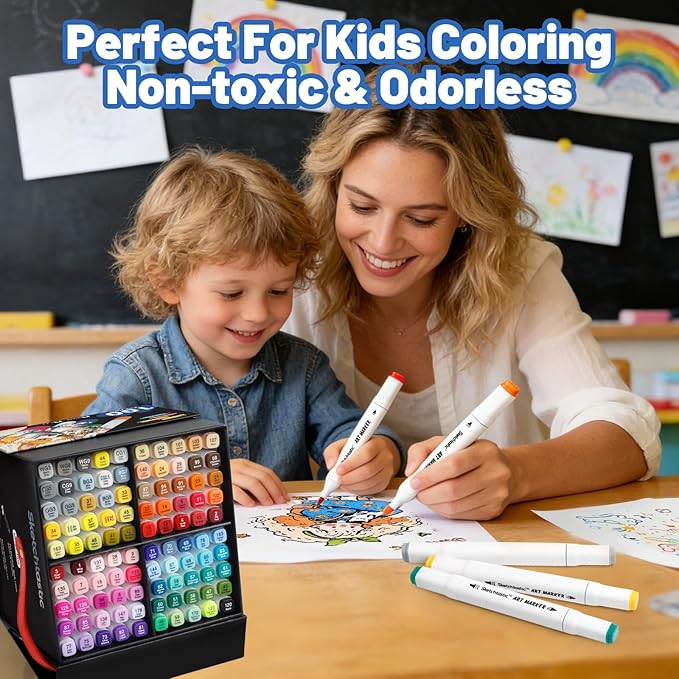 Alcohol Markers Dual Tip Marker Set, 100 Vibrant Colors for Adults, No Bleed Colors for Artists, Based Markers for Coloring Books, Sketching and Art Projects