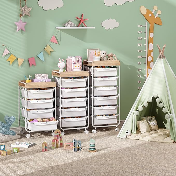 SYKIARIOL Rolling Cart with 5 Drawers,Art Craft Cart,Storage Utility Cart with Wheels,Makeup Organizer with Wooden Tabletop,White
