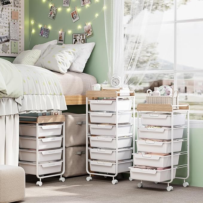 SYKIARIOL Rolling Cart with 5 Drawers,Art Craft Cart,Storage Utility Cart with Wheels,Makeup Organizer with Wooden Tabletop,White