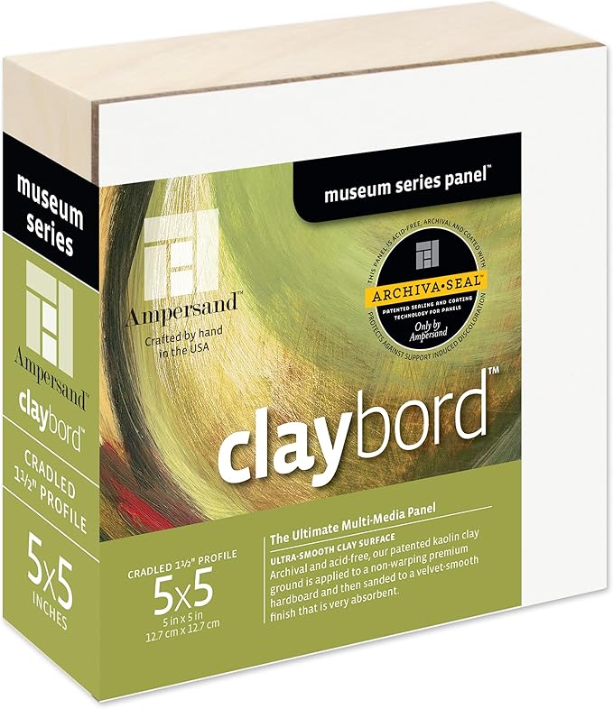 Ampersand Art Supply Claybord | 5" x 5" | 1-1/2" Cradled Profile | Kaolin Clay Painting Panel for Acrylic, Ink, Watercolor & Mixed Media | Canvas & Paper Alternative