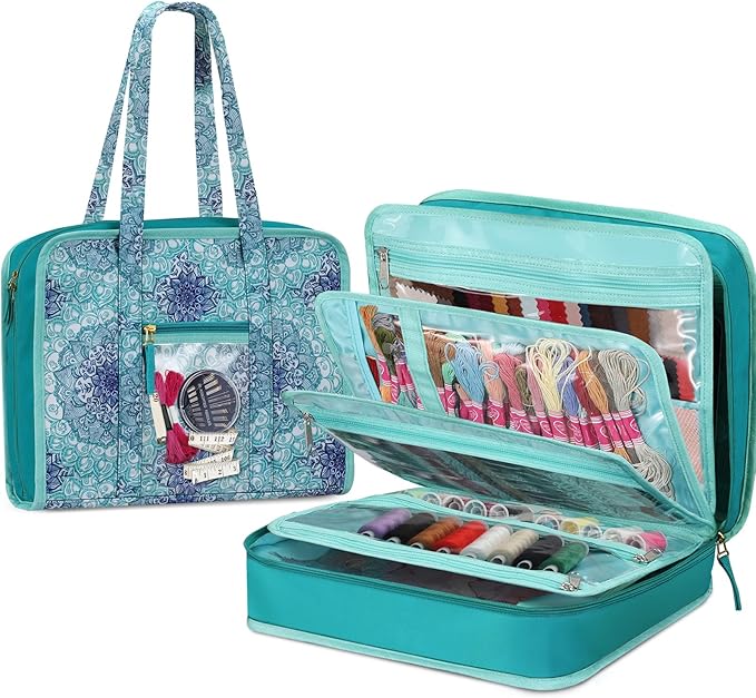 FINPAC Sewing and Craft Supplies Storage Tote, Large Capacity Travel Packing Organizer Bag with Clear Pockets and Handle for Knitting, Crochet, Art, Sewing Accessories