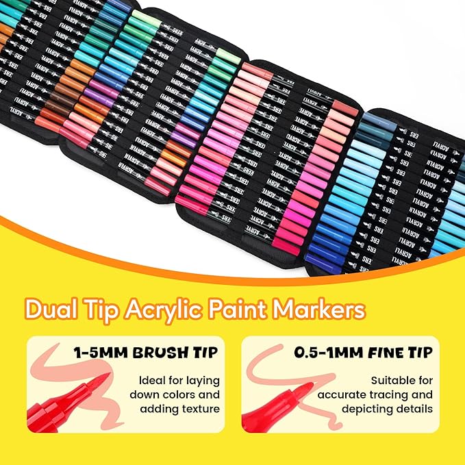 168 Colors Acrylic Paint Markers, Dual Tip Fine and Brush Tips Pens Contain 24 Metallic Color for Stone, Wood, Calligraphy, Canvas, Ceramic, Metal, Glass, Rock Painting, DIY Crafts Art Supplies Kit