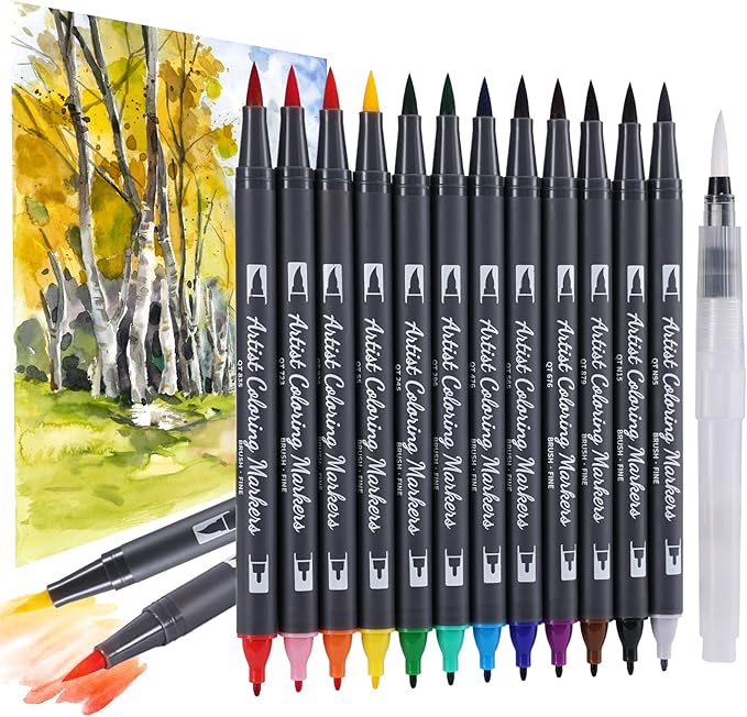TOSHARE 12 Colors Blendable Watercolor Markers for Adults 2026 Professional Double Tip Paint Pens with 1 Water Brush Pen Water Based Coloring Pens Drawing Markers Set with Flexible Brush Tip