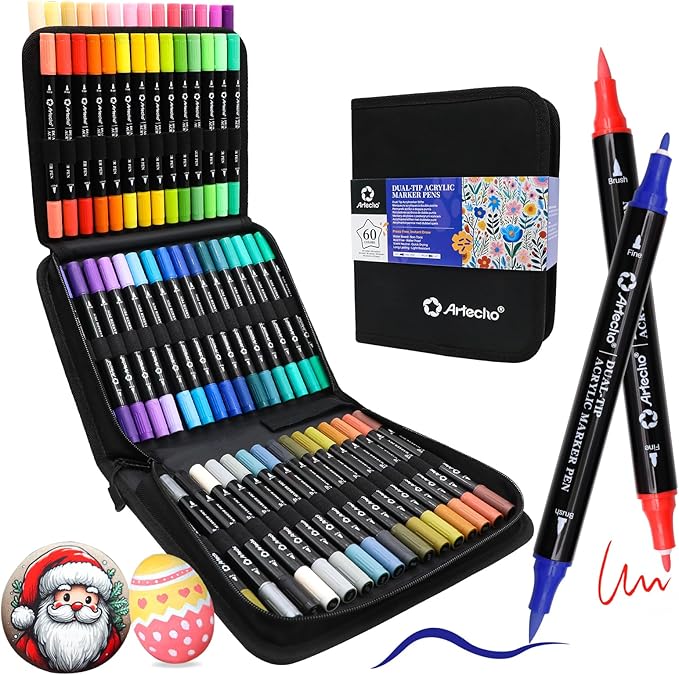 Artecho Acrylic Paint Markers 60 Colors with Bag, Acrylic Paint Pens with Brush Tip and Fine Tip for Stone, Rock Painting, Paper, Pumpkin, Wood, Egg, Canvas, Ceramic, Fabric, leather, Glass