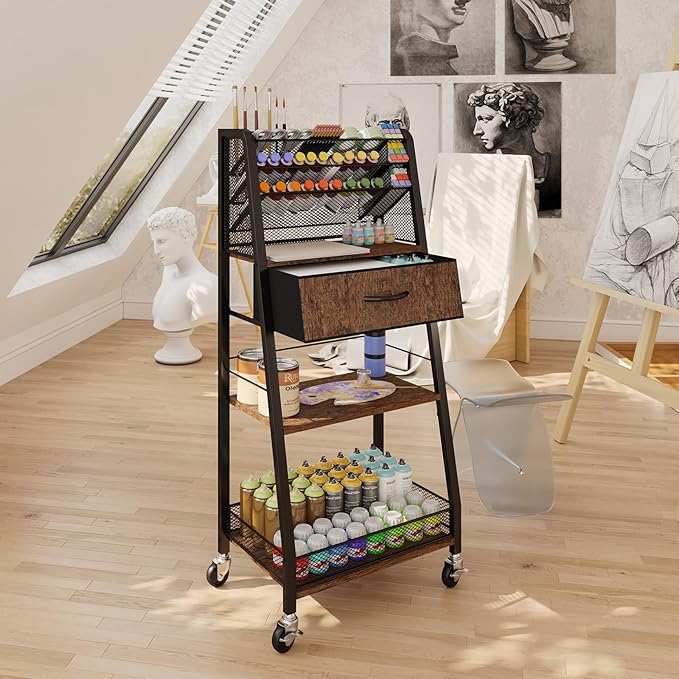 Homsorout 3 Tier Rolling Cart - Metal Utility Cart with Storage Drawer and Wheels, Versatile Art & Craft Organizer for Home, Office, or Studio - Ideal for Storing Brushes, Paints, and Supplies