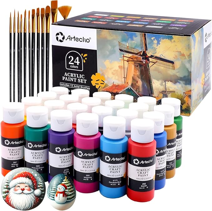 Artecho Acrylic Paint Set 24 Colors 2oz/59ml with 12 Brushes, Art Craft Paints Kit, Paint for Canvas, Rocks, Wood, Fabric, Ceramic and Art Supplies, Non Toxic Paint for Artists and Beginners