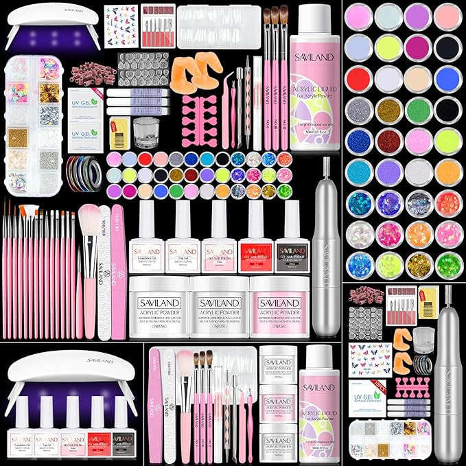 SAVILAND Acrylic Nail Kit with Drill: Professional Acrylic Nail Set for Beginners with Everything U V Light 3 Colors Gel Polish Decorations Nails Tools for Home Salon Use Christmas Gift Set