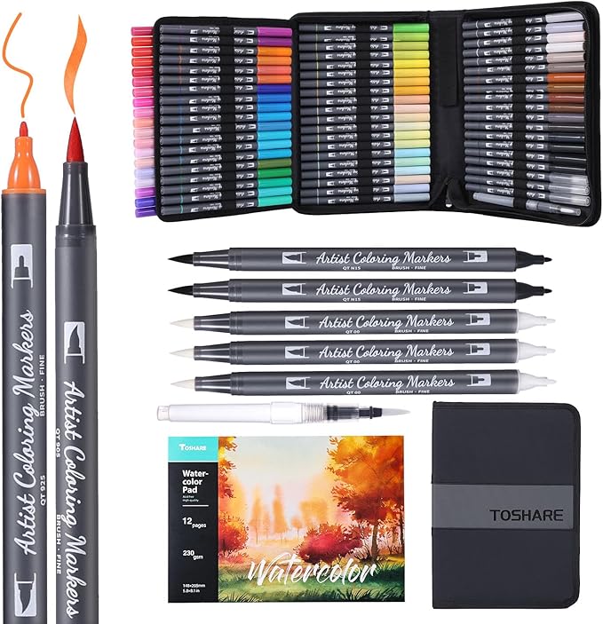 TOSHARE Watercolor Pens Set, 72-Color Dual Tip Professional Watercolor Markers for Adults, Water-Based Art Pens with 1 Aquapen, 3 Colorless Blenders, 2 Black Markers, and 12-Page Pad, Art Supplies