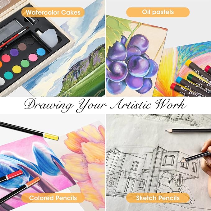 Art Supplies, Wooden Art Set Crafts Kit with Drawing Easel, Deluxe Kids Art Set, Oil Pastels, Colored Pencils, Watercolor Cakes, Creative Gift for Kids, Teens, Beginners Girls Boys