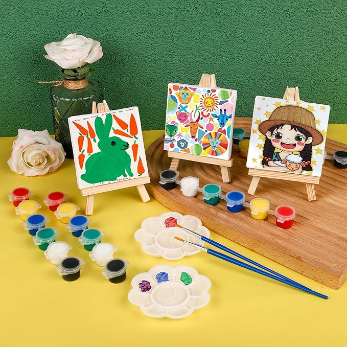 ESRICH 12 Set Mini Acrylic Paint Kit, Minis Stretched Canvas with Easel, Acrylic Paint Strips, Palettes, Painting Brushes, Mini Canvas and Easel Set for Kids Artists Beginner,Gift