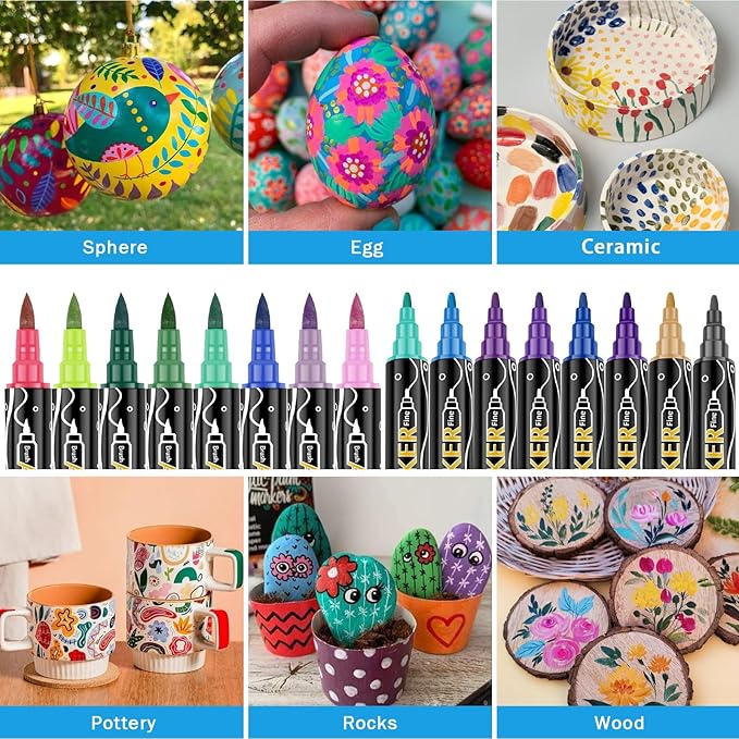 colpart 120 Colors Acrylic Paint Markers,Dual Tip Acrylic Paint Pens,Brush Tip and Fine Tip Markers For Rock Painting,Easter Decorations,Plastic,Easter Eggs,Canvas And Diy Crafts Art Supplies
