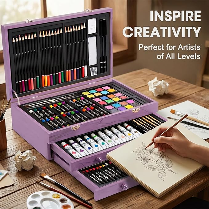 175 Piece Deluxe Art Set with 2 Drawing Pads, Acrylic Paints, Crayons, Colored Pencils, Paint Set in Wooden Case, Professional Art Kit, Art Supplies for Adults, Teens and Artist, Paint Supplies