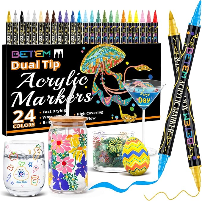 Betem Dual Tip Acrylic Paint Pens, 24 Colors Paint Markers for Glass, Window, Fabric, Wood, Rock, Canvas, Acrylic Markers with Fine & Brush Tip, Art & Craft Supplies, Teacher Appreciation Gift