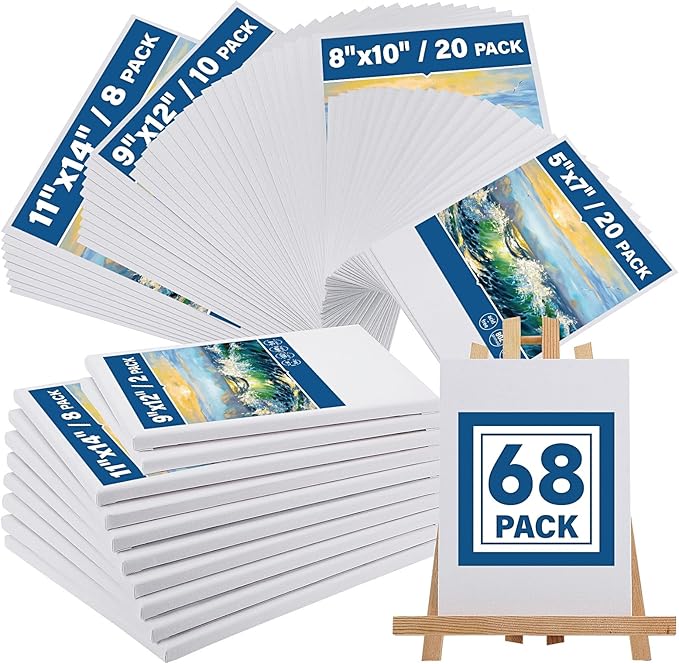 Halobios Canvas Boards for Painting, Canvases for Painting with 9 x 12, 11x14, Canvas Panels Set Boards with 5x7, 8x10, 9x12, 11x14, 68 Value Pack for Acrylic, Oil, Tempera & Watercolor Paint
