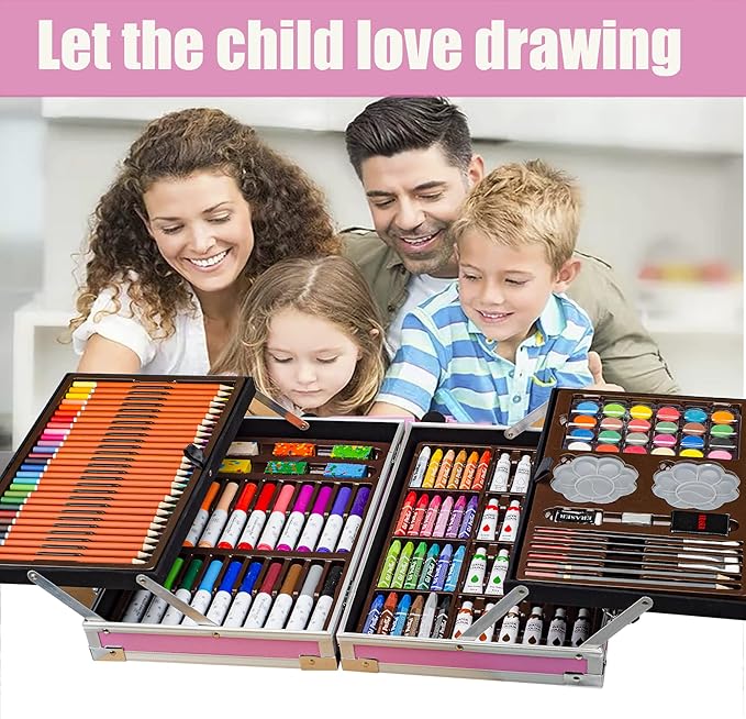 KINSPORY Art Set, 139 Pack Painting Drawing Art Supplies Kit with 2 Sketch Pads, Double Layers Art Crafts, Colored Pencils, Oil Pastels, Watercolor Paints, Aluminum Gift Case for Artists Kids (Pink)