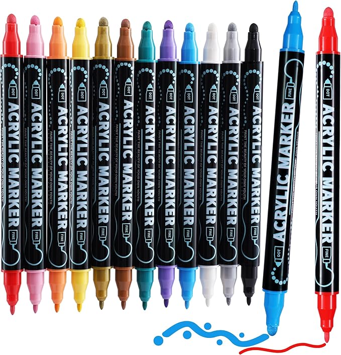 12 Colors Dual Tip Acrylic Paint Markers, Premium Dot & Fine Tip Coloring Paint Pens for Rock, Wood, Fabric, Canvas, Glass, Paper, Ceramic, Scrapbook, Vision Board and DIY Crafts Supplies Art Gifts