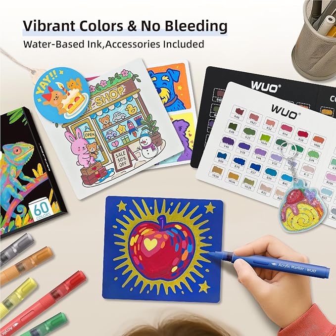 WUO 60 Colors Acrylic Paint Markers, High Opacity Automatic Ink Control Brush Tip Pens, Water-Based No-Bleed Markers for Rock, Canvas, Wood, Glass, Ceramic, and DIY Art Supplies