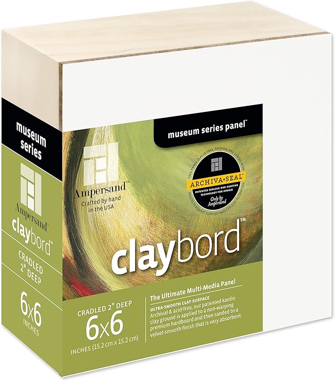 Ampersand Art Supply Claybord | 6" x 6" | 2" Cradled Profile | Kaolin Clay Painting Panel for Acrylic, Ink, Watercolor & Mixed Media | Canvas & Paper Alternative