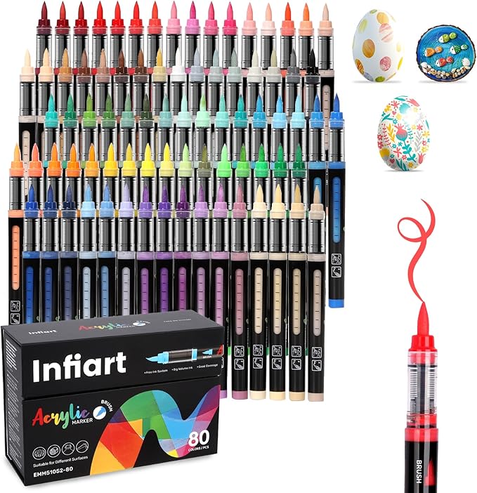 80 Colors Acrylic Paint Markers Brush Tip, Automatic Ink Control Acrylic Paint Pens Waterproof Acrylic Markers Set for Holiday Decorations, Stone, Wood, Glass, DIY & Art Supplies