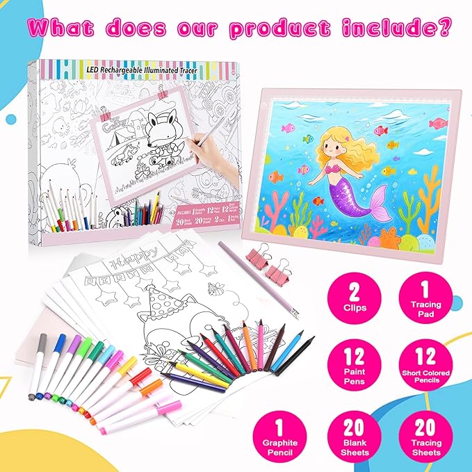 LED Drawing Tablet Kits Pink - 15" Light Board for Diamond Painting Accessories, Best Birthday, Holiday Gifts Toy for Kids Girls 3,4,5,6,7,8,9,10,11,12 Year Old, Back to School Art Travel Essentials