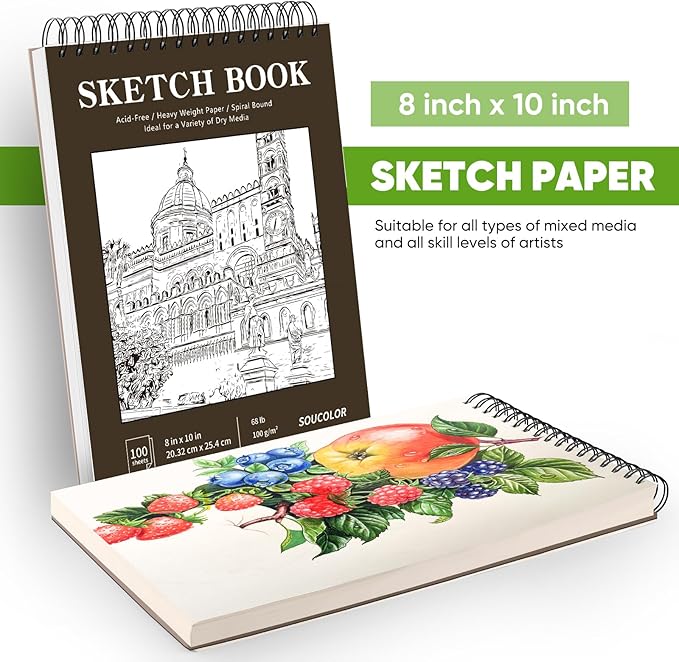 Soucolor 8" x 10" Sketch Book, 100 Sheets 8 x 10 Sketchbook, 68 lb/100gsm 8" x 10" Drawing Paper, Spiral Bound Sketch Pad, Art Paper for Drawing Painting, Art Supplies Gifts
