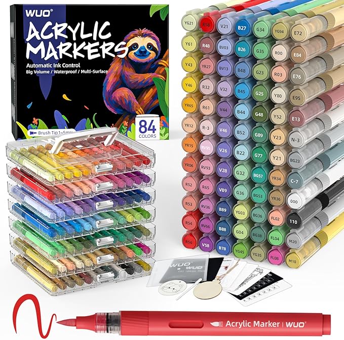 WUO 84 Colors Acrylic Paint Markers, High Opacity Automatic Ink Control Brush Tip Pens, Water-Based No-Bleed Markers for Rock, Canvas, Wood, Glass, Ceramic, and DIY Art Supplies