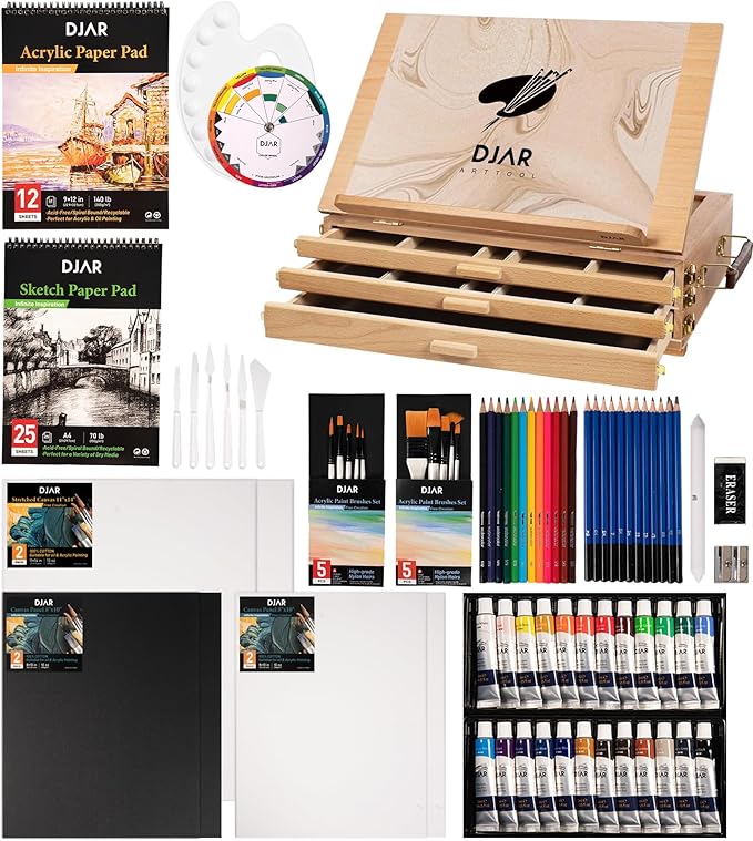 DJAR 87 pcs Acrylic Paint Set with 3 Drawer Storage, 24 Colors of Acrylic Paint, Sketch Book, Paints and Pads, Art Supplies Kit for Adults, Teens and Beginners