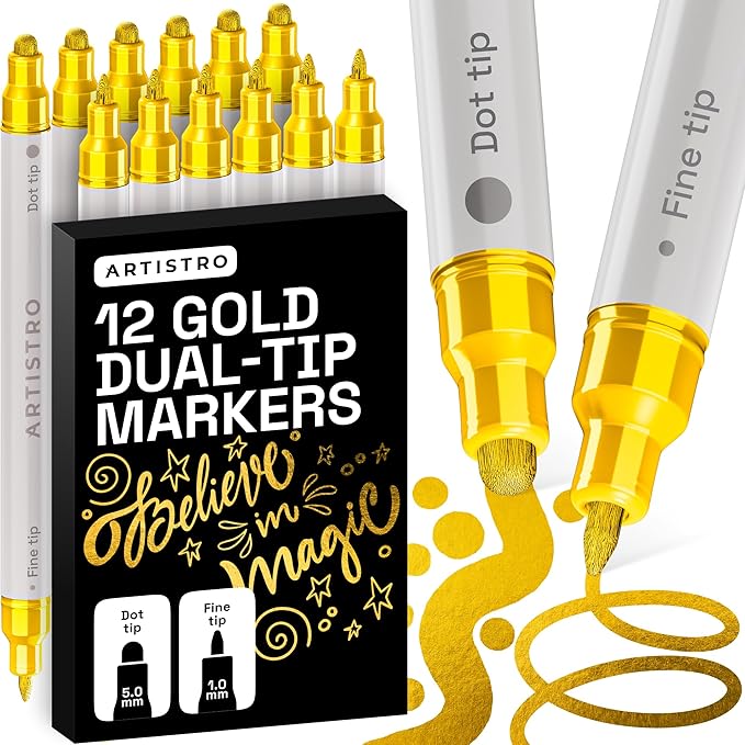 ARTISTRO 12 Gold Precision Dual-Tip Acrylic Paint Markers – Paint Pens Set with Dot & Fine Tips for Fabric, Rock, Glass, Wood, Coloring Books – Classroom & Art Supplies Gift Teacher Appreciation Gift