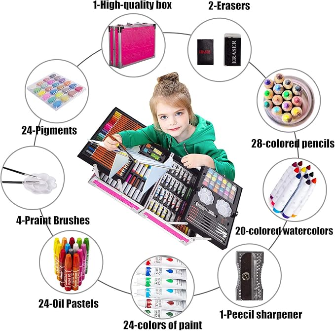 KINSPORY Art Set, 139 Pack Painting Drawing Art Supplies Kit with 2 Sketch Pads, Double Layers Art Crafts, Colored Pencils, Oil Pastels, Watercolor Paints, Aluminum Gift Case for Artists Kids (Pink)